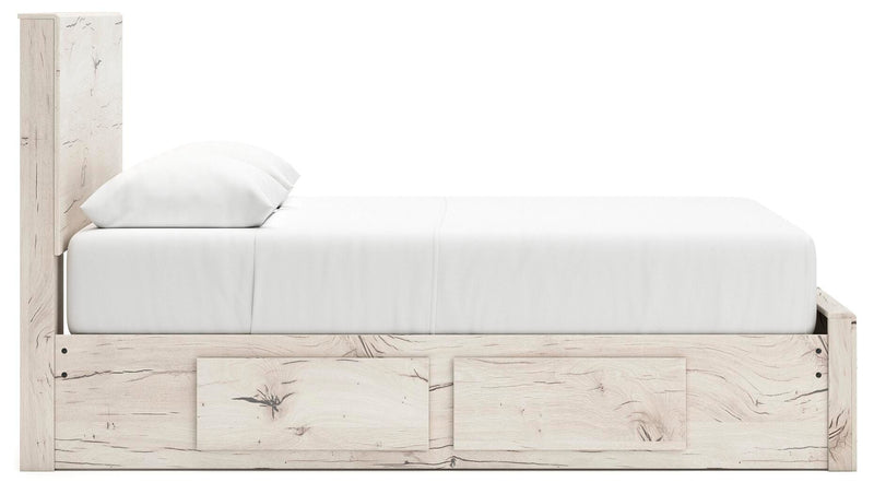 Ashley Furniture Lawroy panel storage bed with a sleek wooden finish and built-in storage drawers on the side.
