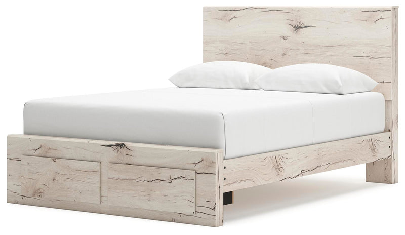 Ashley Furniture Lawroy panel storage bed with a wooden finish, showcasing its headboard and storage drawers from a side angle.