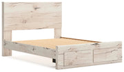 Ashley Furniture Lawroy panel storage bed with a sleek wood finish and modern design, shown from an angled side view.