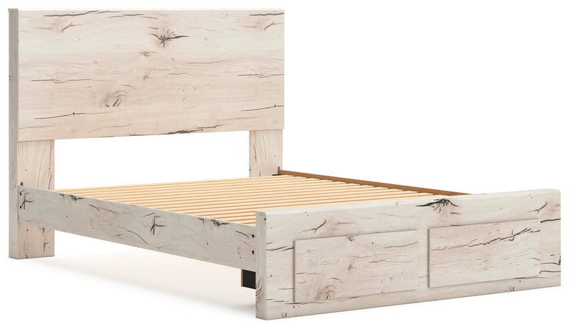 Ashley Furniture Lawroy panel storage bed with a sleek wood finish and modern design, shown from an angled side view.