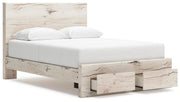 Ashley Furniture Lawroy Panel Storage Bed shown from an angled open view, featuring a sturdy wooden frame and built-in storage drawers.
