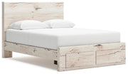 Ashley Furniture Lawroy Panel Storage Bed with a modern design, shown from an angled side view highlighting the headboard and storage features.