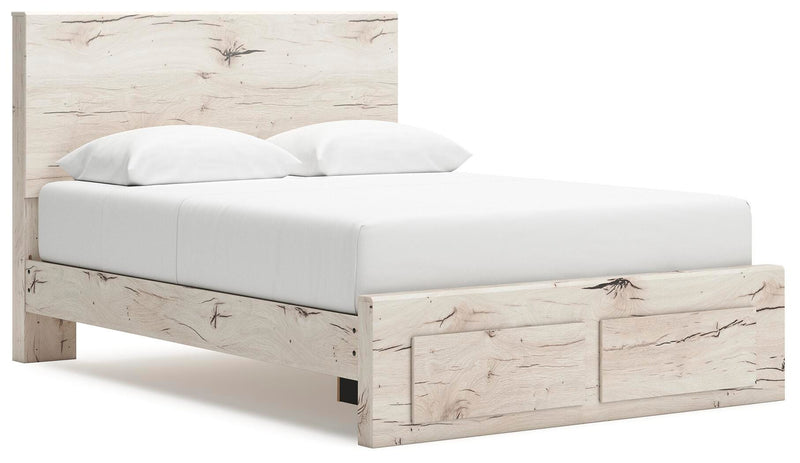 Ashley Furniture Lawroy Panel Storage Bed with a modern design, shown from an angled side view highlighting the headboard and storage features.