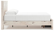 Ashley Furniture Lawroy panel storage bed with sleek wood finish and built-in storage drawers, shown from the side view.
