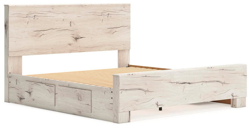 Ashley Furniture Lawroy Bed with a modern frame, featuring clean lines and a neutral finish, shown from an angled side view.