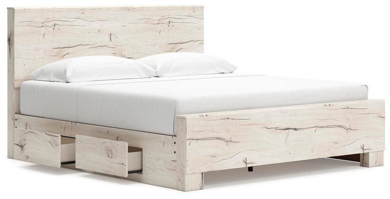 Ashley Furniture Lawroy Bed with a stylish wooden frame and angled open design, shown from a side view.