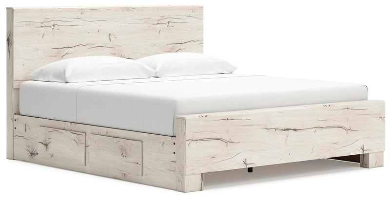 Ashley Furniture Lawroy Bed in a sleek, modern design with a wooden frame and headboard, shown from an angled perspective.