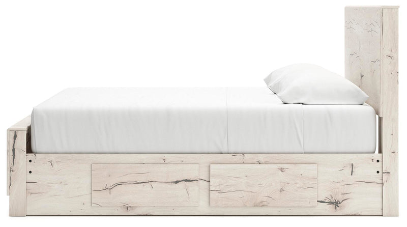 Ashley Furniture Lawroy Bed with upholstered headboard and sleek wood frame, shown in a stylish bedroom setting.