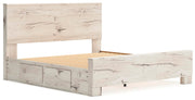 Ashley Furniture Lawroy Bed with a sleek, modern frame and neutral upholstery, shown from an angled view.