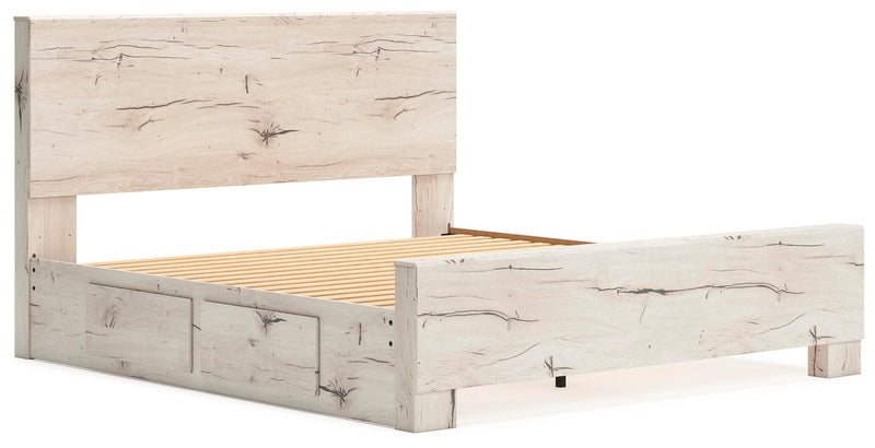 Ashley Furniture Lawroy Bed with a sleek, modern frame and neutral upholstery, shown from an angled view.
