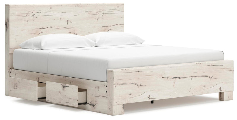 Ashley Furniture Lawroy Bed with a stylish wooden frame and open-slat design, shown from an angled side view.