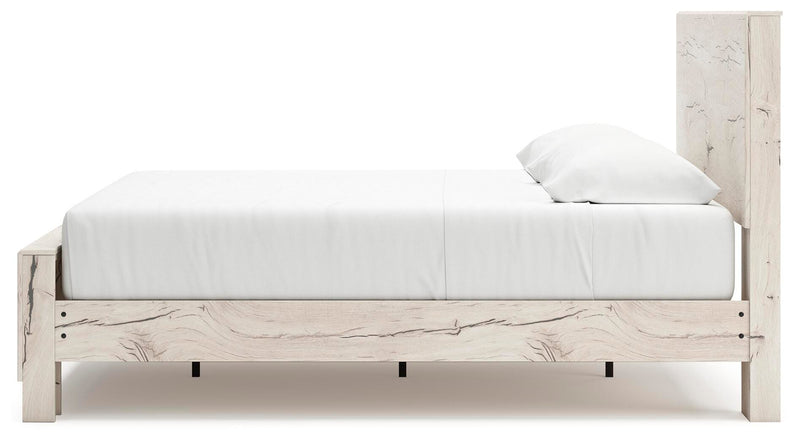Ashley Furniture Lawroy bed with a wooden frame, headboard, and side panels in a modern bedroom setting