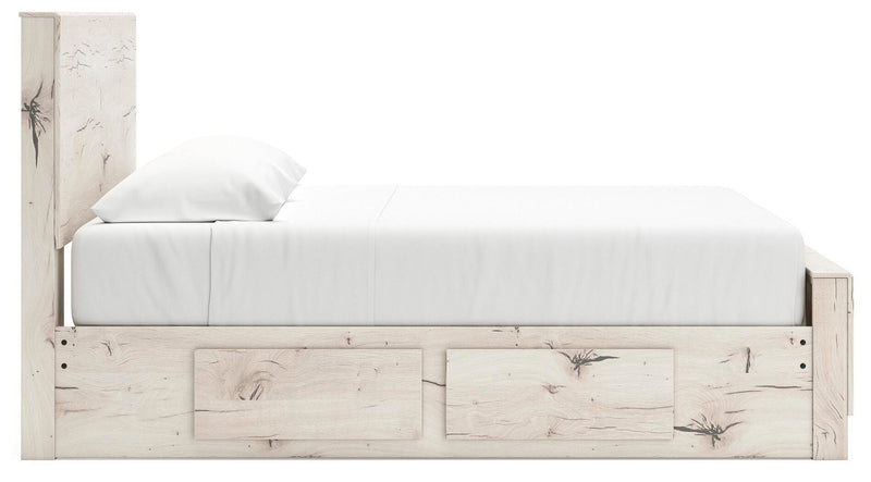 Ashley Furniture Lawroy Bed with a sleek frame and neutral upholstery, shown from the side in a modern bedroom setting.
