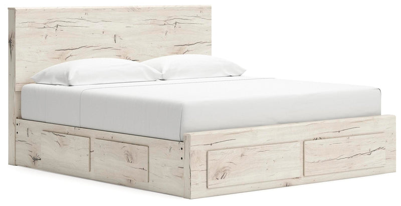 Ashley Furniture Lawroy panel storage bed with sleek wood finish, featuring built-in storage drawers and angled side panels.