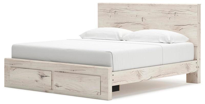 Ashley Furniture Lawroy panel storage bed with a modern design, shown from an angled side view highlighting the headboard and storage drawers.
