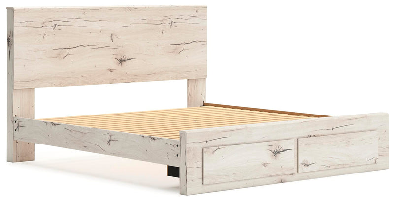 Ashley Furniture Lawroy panel storage bed with dark wood finish, angled view showing headboard and built-in storage drawers.
