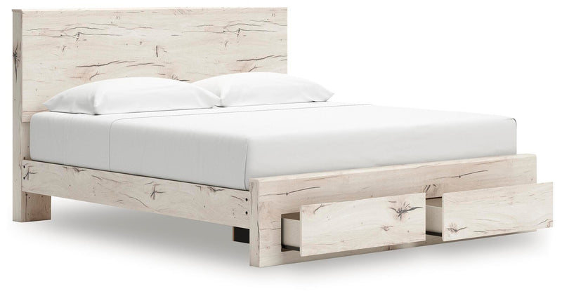 Ashley Furniture Lawroy Panel Storage Bed in warm wood finish, shown open to reveal built-in storage drawers and sleek design.