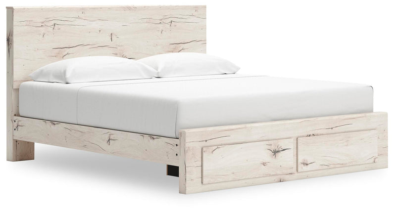 Ashley Furniture Lawroy panel storage bed with a sleek wooden frame and built-in storage drawers, shown from an angled side view.