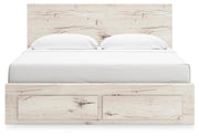 Ashley Furniture Lawroy panel storage bed with a wood finish, featuring a headboard and built-in storage drawers.