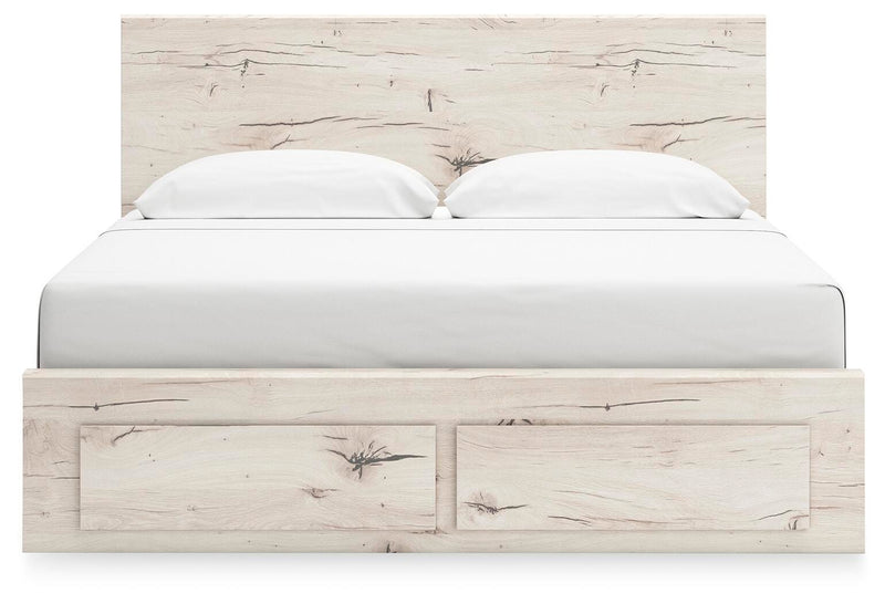 Ashley Furniture Lawroy panel storage bed with a wood finish, featuring a headboard and built-in storage drawers.