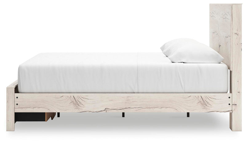 Ashley Furniture Lawroy Panel Storage Bed with sleek wooden frame and side storage drawers, shown from the side view.