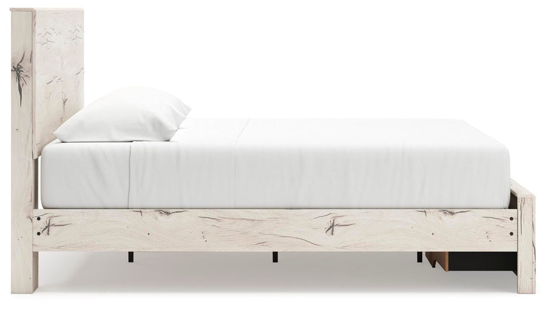 Ashley Furniture Lawroy Panel Storage Bed with side view, showcasing its sleek design and storage panels.