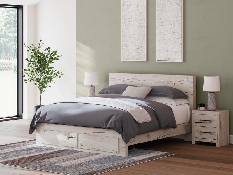 Ashley Furniture Lawroy Panel Storage Bed with built-in storage drawers and a modern wood finish, shown in a sleek bedroom setting.