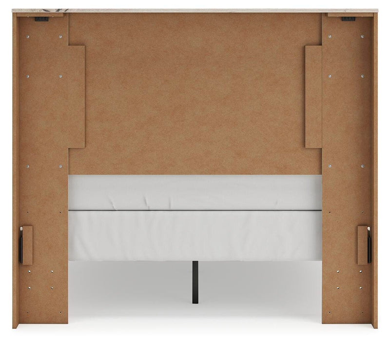 Ashley Furniture Lawroy Bed with a sturdy wooden frame and elegant design, shown from the back in natural wood finish.