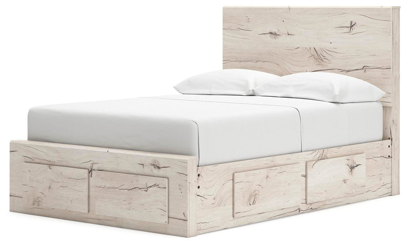 Ashley Furniture Lawroy Panel Storage Bed with a sleek wood finish, featuring a headboard and under-bed storage drawers.