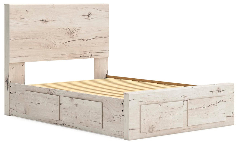 Ashley Furniture Lawroy panel storage bed with built-in storage drawers and a modern wood finish, shown from an angled side view.