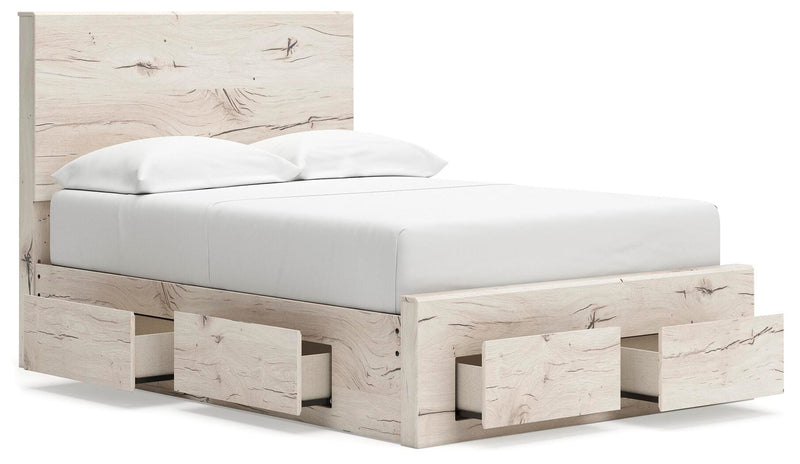 Ashley Furniture Lawroy Panel Storage Bed shown from an angled open view, featuring a sturdy wooden design with built-in storage drawers.