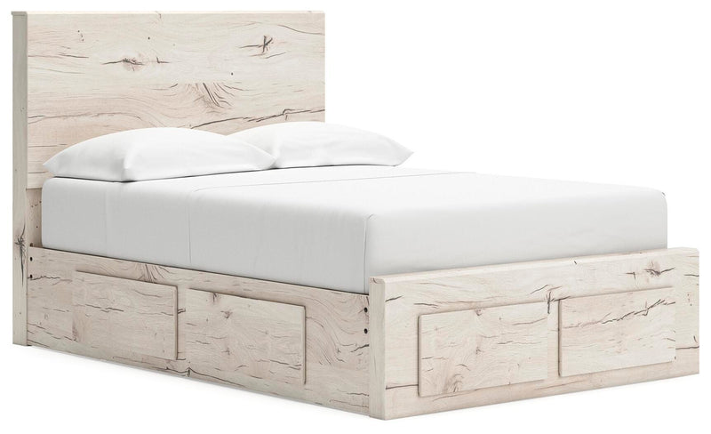 Ashley Furniture Lawroy Panel Storage Bed with sleek wood finish, featuring a headboard and under-bed storage drawers.
