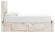 Ashley Furniture Lawroy panel storage bed with built-in drawers and sleek wood finish, shown in a modern bedroom setting.