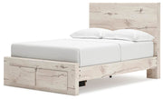 Ashley Furniture Lawroy Panel Storage Bed with a sleek wood finish and built-in storage drawers, shown from an angled side view.