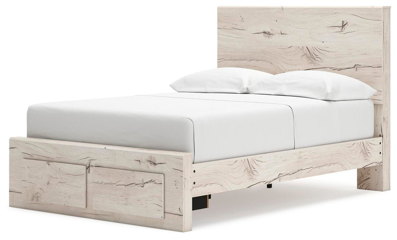 Ashley Furniture Lawroy Panel Storage Bed with a sleek wood finish and built-in storage drawers, shown from an angled side view.