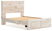 Ashley Furniture Lawroy Panel Storage Bed shown from an angled view, featuring a sleek wood finish and built-in storage drawers.
