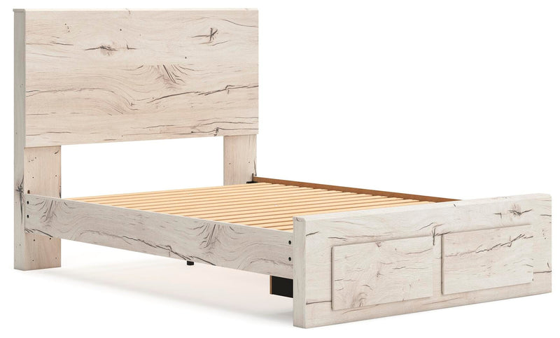 Ashley Furniture Lawroy Panel Storage Bed shown from an angled view, featuring a sleek wood finish and built-in storage drawers.