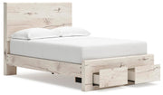 Ashley Furniture Lawroy panel storage bed shown from an angled open side view, featuring a modern design with built-in storage drawers.