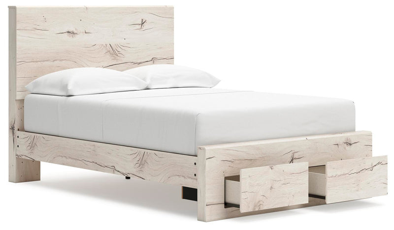 Ashley Furniture Lawroy panel storage bed shown from an angled open side view, featuring a modern design with built-in storage drawers.