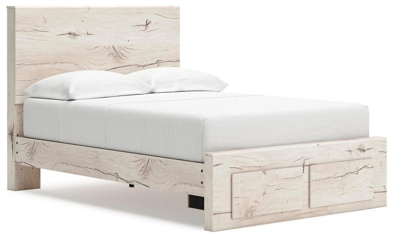 Ashley Furniture Lawroy Panel Storage Bed with clean lines, dark wood finish, and spacious storage drawers in a side-angle view.