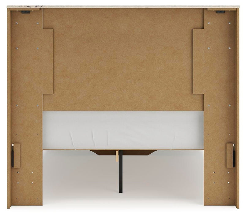 Ashley Furniture Lawroy panel storage bed with a sleek wooden frame and built-in storage drawers in a modern bedroom setting.