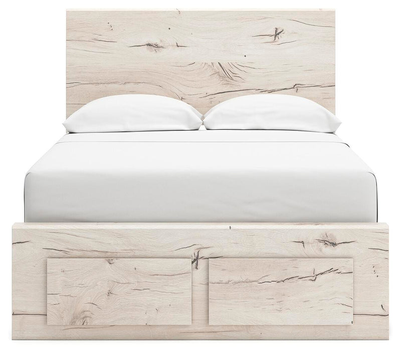 Ashley Furniture Lawroy panel storage bed with a modern headboard and built-in storage drawers in a dark wood finish.