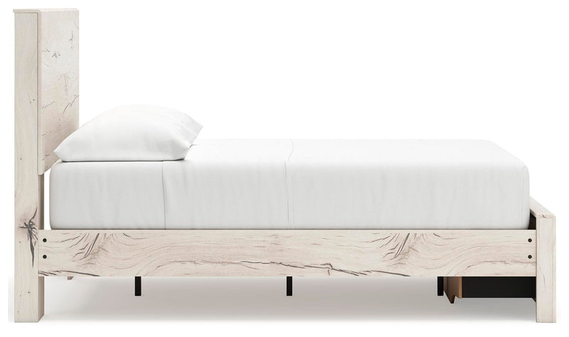 Ashley Furniture Lawroy panel storage bed with a sleek wood finish and built-in storage drawers in a modern bedroom setting
