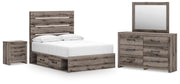 Graystorm bedroom set by Ashley Furniture featuring a modern bed frame with matching nightstands and dresser in gray finish.