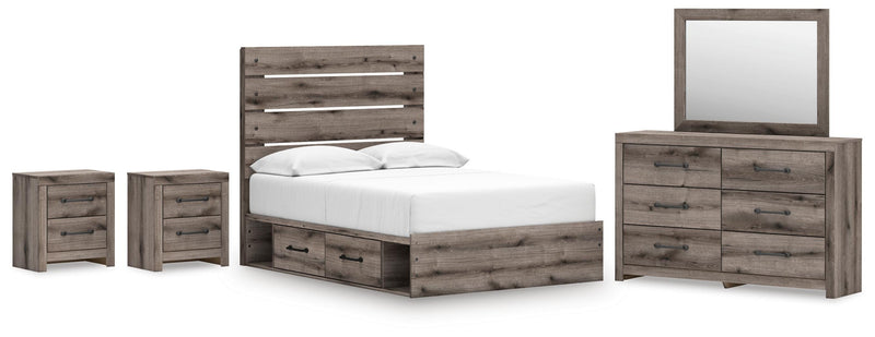 Graystorm bedroom set by Ashley Furniture featuring a modern bed frame, nightstands, and matching dresser in gray finish.