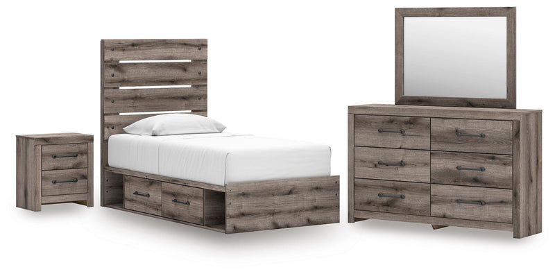 Graystorm bedroom set by Ashley Furniture featuring a bed, matching nightstands, and dresser in a modern gray finish.