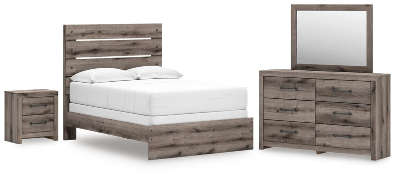 Graystorm bedroom set by Ashley Furniture featuring a modern design with a bed frame, dresser, and nightstands in gray finish.