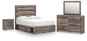 Graystorm bedroom set by Ashley Furniture featuring a bed with a gray upholstered headboard and matching nightstands.