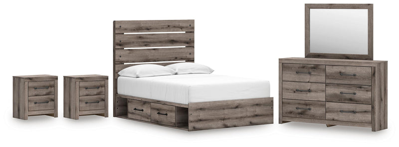 Graystorm bedroom set by Ashley Furniture featuring a bed frame, nightstands, and matching dresser in a modern gray finish.