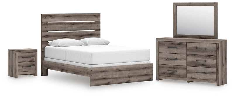 Graystorm bedroom set by Ashley Furniture featuring a bed frame, matching nightstands, and dresser in a modern gray finish.